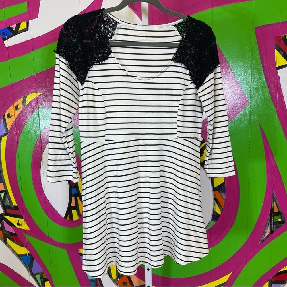 Motherhood Maternity, Peplum Striped Sheer Lace Shoulders. Size Medium